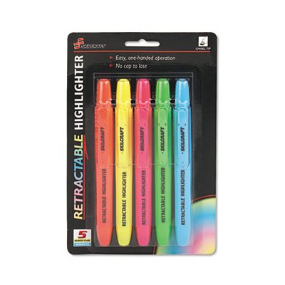 HIGHLIGHTER, CHISEL TIP, RETRACTABLE, ASSORTED, ABILITYONE, 5PK HIGHLIGHTER, CHISEL TIP, RETRACTABLE, ASSORTED, ABILITYONE, 5PK