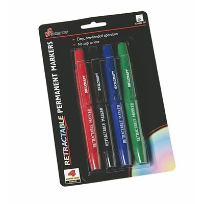 MARKER, PERMANENT, RETRACTABLE, CHISEL TIP, ASSORTED, ABILITYONE, 4 / PK MARKER, PERMANENT, RETRACTABLE, CHISEL TIP, ASSORTED, ABILITYONE, 4 / PK