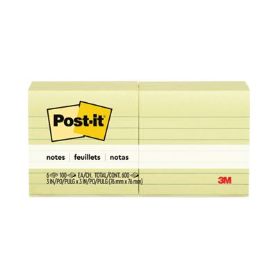 POST-IT NOTES, Pads,Canary Yellow, 3" x 3", Lined, 100-Sheet, 6 / Pack