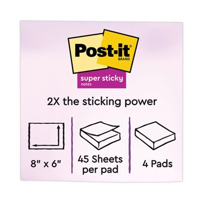 POST-IT NOTES, PADS, Meeting Notes, Rio de Janeiro Colors, Lined, 8" x 6", 45-Sheet, 4 / Pack